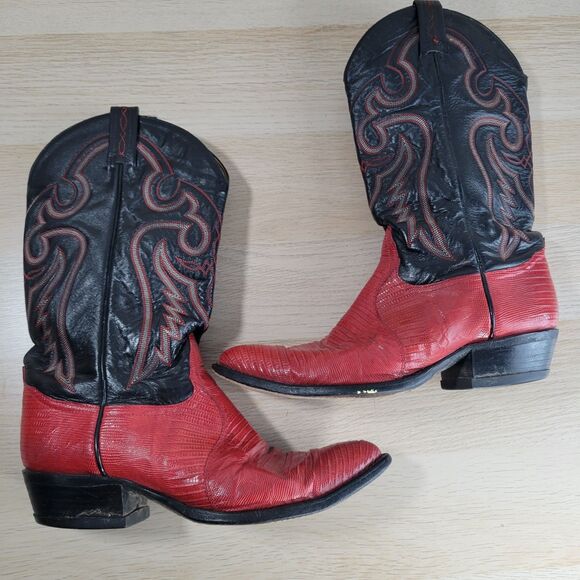 Tony Lama Leather Lizard Cowboy Boots Mens Size 9 D El Paso Black Red 8853 Vtg - Picture 6 of 13